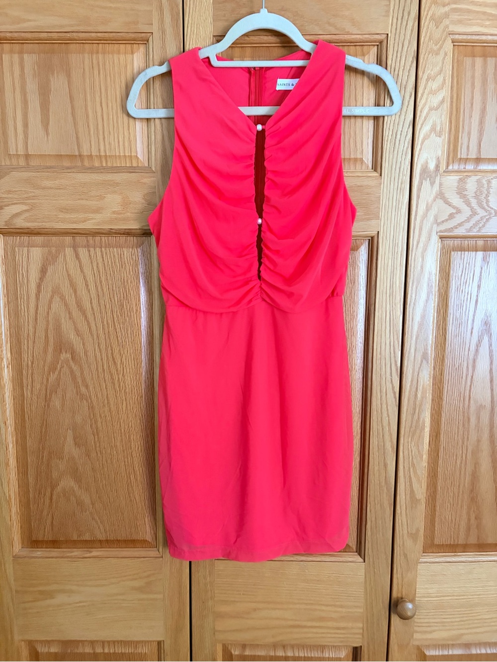 Lush Bright Coral Sleeveless Ruched Front Mini Dress